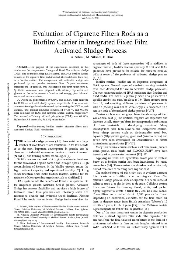 (PDF) Evaluation Of Cigarette Filters Rods As A Biofilm Carrier In ...