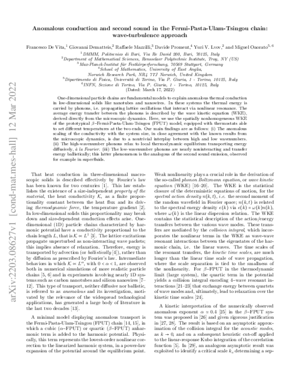 (PDF) Anomalous conduction and second sound in the FermiPastaUlam