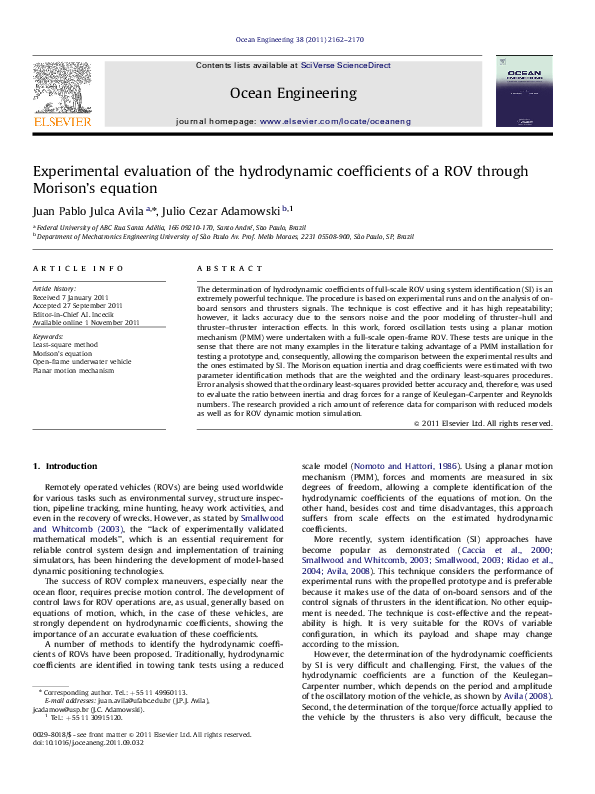 (PDF) Experimental evaluation of the hydrodynamic coefficients of a ROV ...