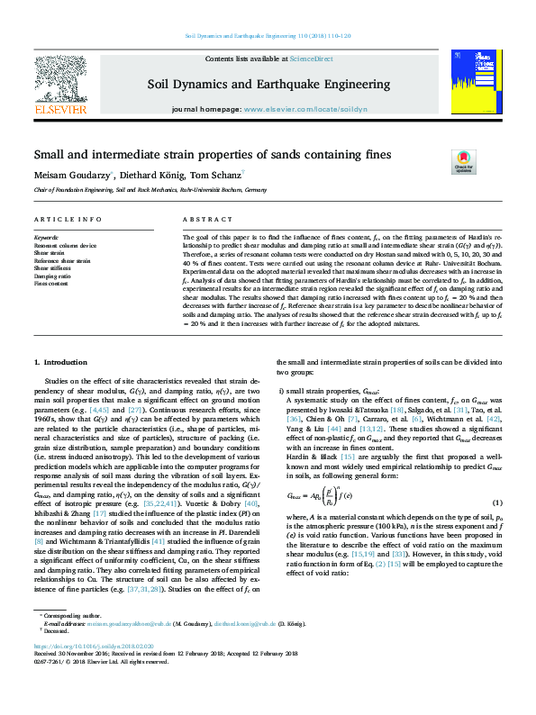 (PDF) Small and intermediate strain properties of sands containing fines