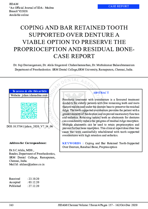 (PDF) Coping and Bar Retained Tooth Supported Over Denture a Viable ...