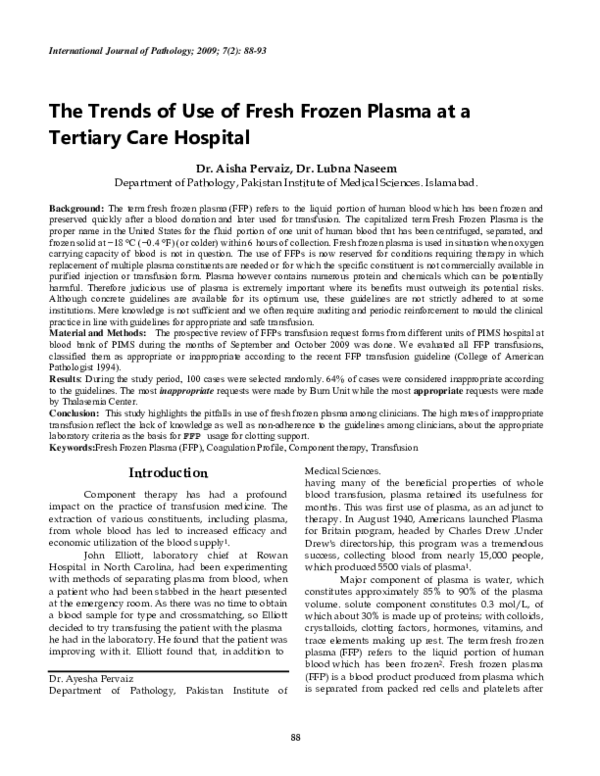 (PDF) The Trends of Use of Fresh Frozen Plasma at a Tertiary Care Hospital