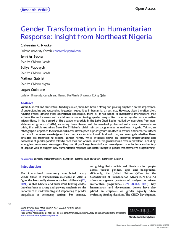 (PDF) Gender Transformation in Humanitarian Response: Insight from ...