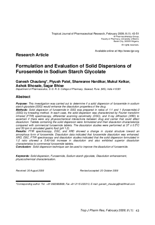 (PDF) Formulation and Evaluation of Solid Dispersions of Furosemide in ...
