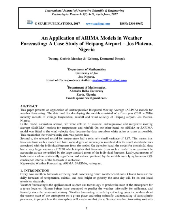 (PDF) An Application of ARIMA Models in Weather Forecasting: A Case ...