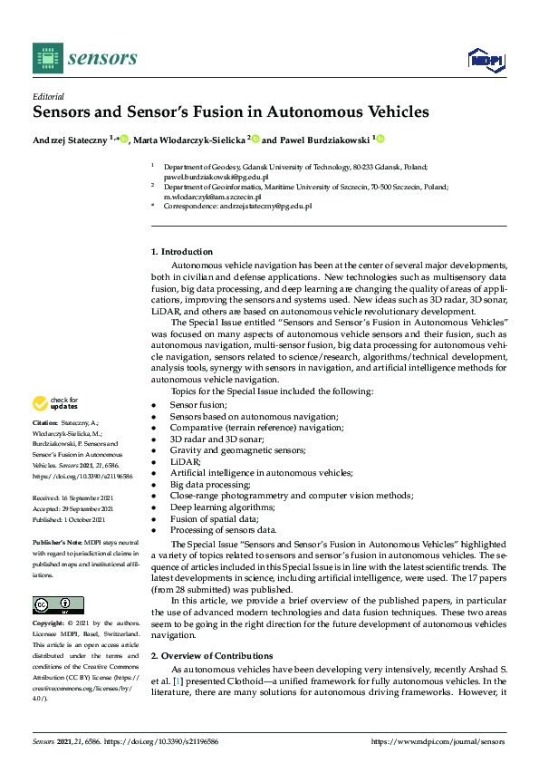(PDF) Sensors and Sensor’s Fusion in Autonomous Vehicles