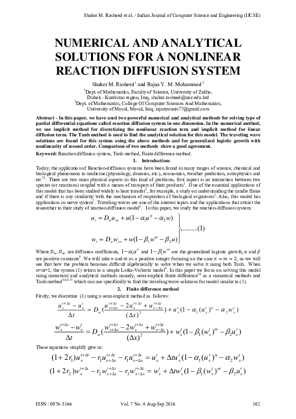 (PDF) Numerical and Analytical Solutions for a Nonlinear Reaction ...