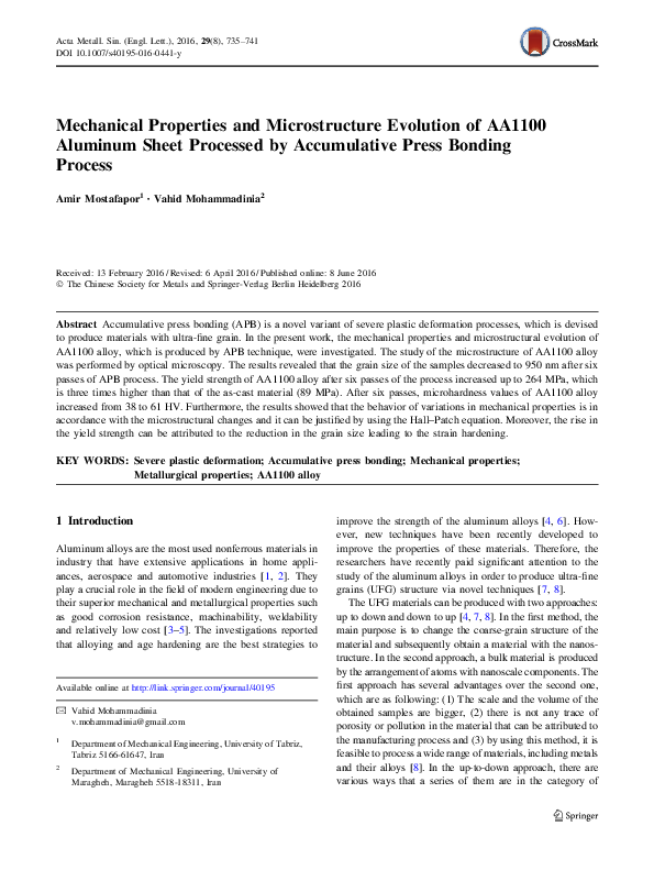 (PDF) Mechanical Properties and Microstructure Evolution of AA1100 ...