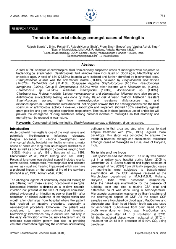 (PDF) Trends in Bacterial etiology amongst cases of Meningitis