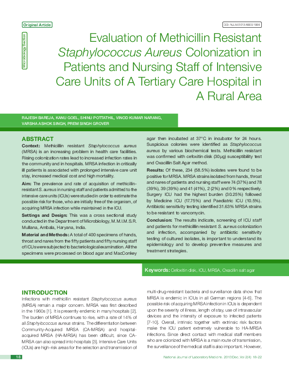 (PDF) Evaluation of Methicillin Resistant Staphylococcus Aureus ...