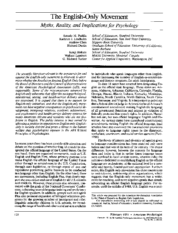 (PDF) The English-only movement: Myths, reality, and implications for ...