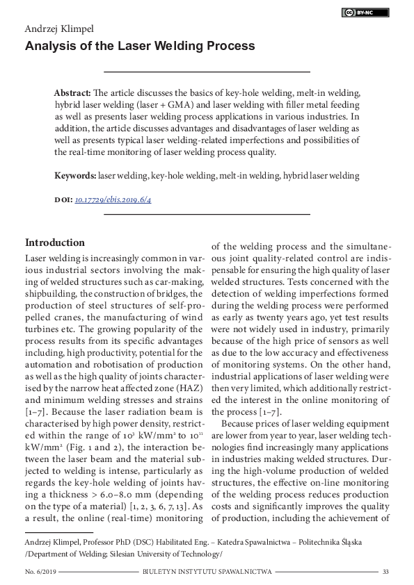 (PDF) Analysis of the Laser Welding Process Andrzej Klimpel