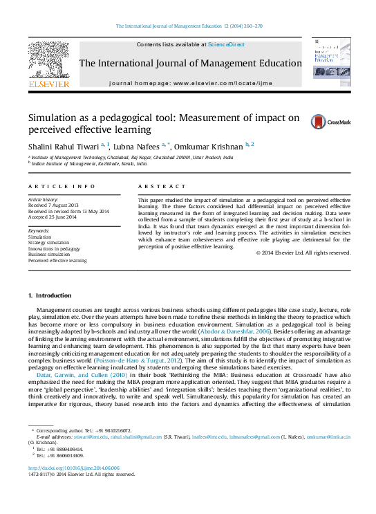 (PDF) Simulation as a pedagogical tool: Measurement of impact on ...