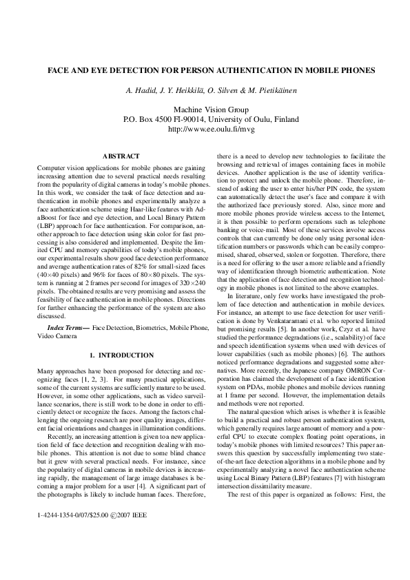 (PDF) Face and Eye Detection for Person Authentication in Mobile Phones