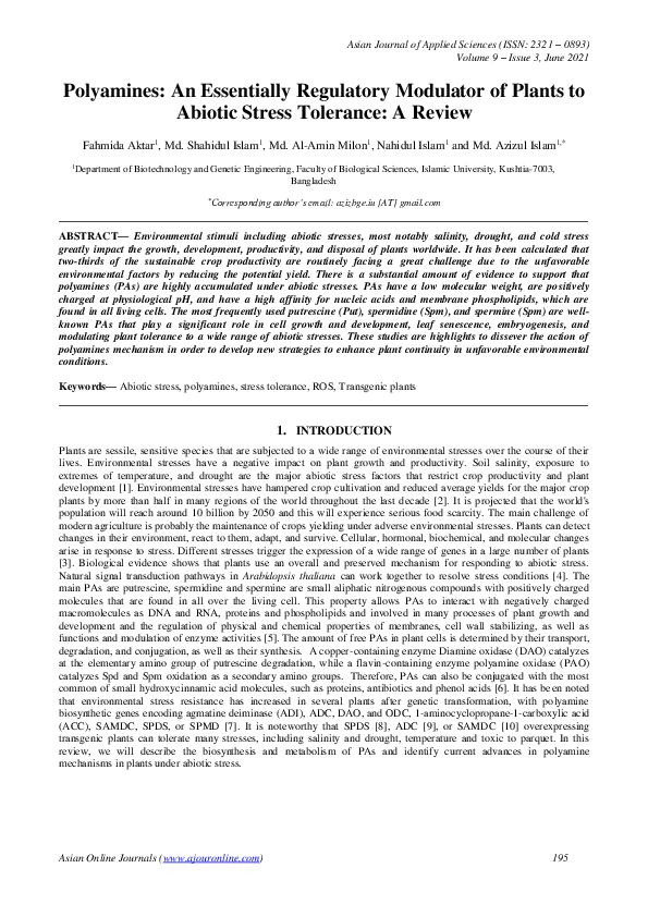 Polyamines: An Essentially Regulatory Modulator of Plants to Abiotic Stress Tolerance: A Review