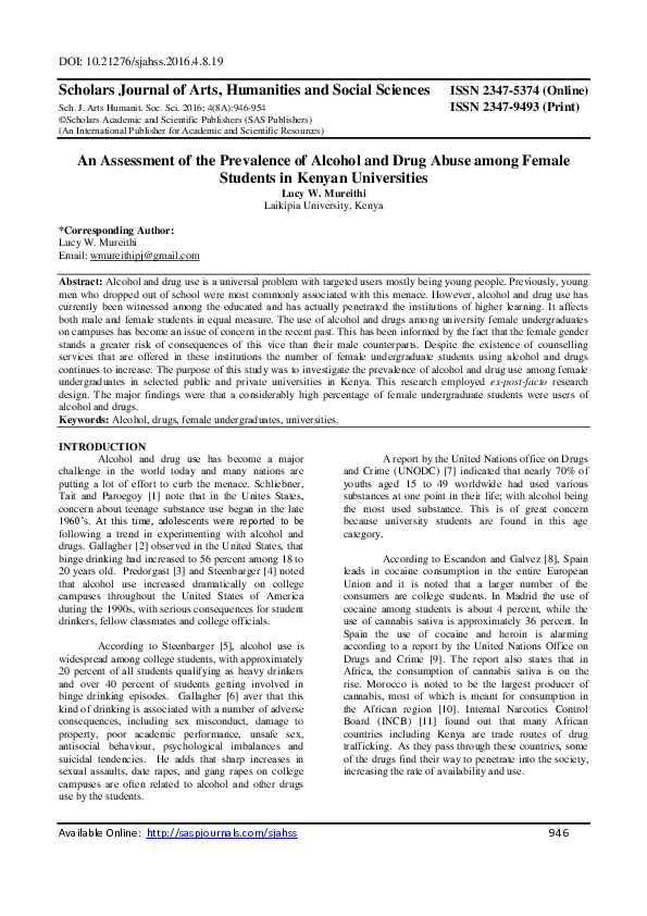 (PDF) An Assessment of the Prevalence of Alcohol and Drug Abuse among ...