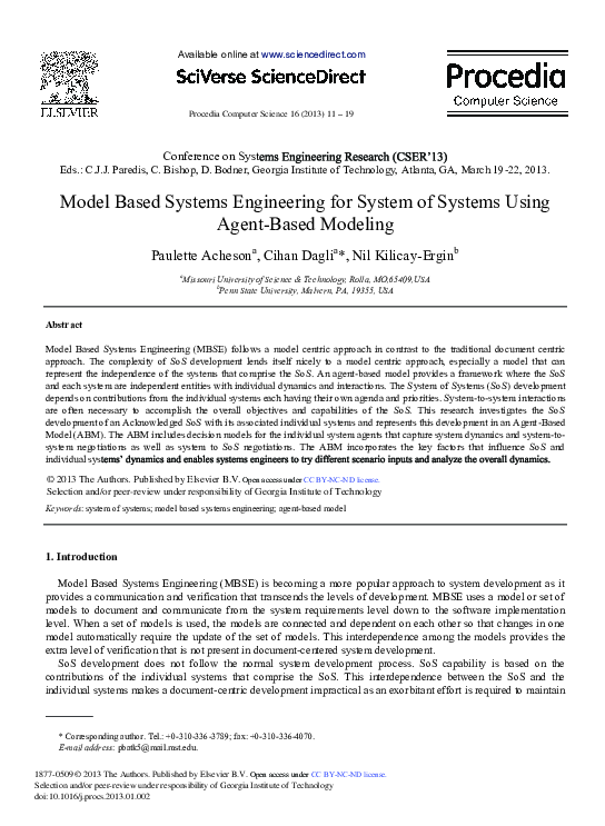 (PDF) Model Based Systems Engineering for System of Systems Using Agent ...