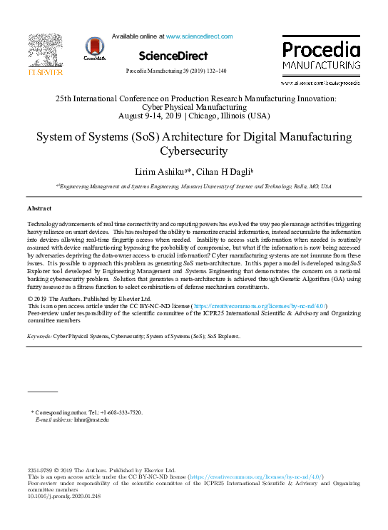 (PDF) System of Systems (SoS) Architecture for Digital Manufacturing