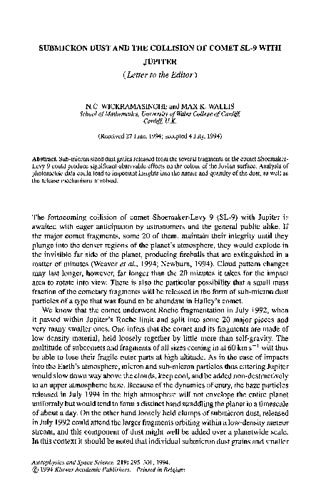 (PDF) Submicron dust and the collision of comet SL-9 with Jupiter