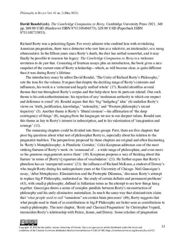 (PDF) David Rondel (ed.), The Cambridge Companion to Rorty