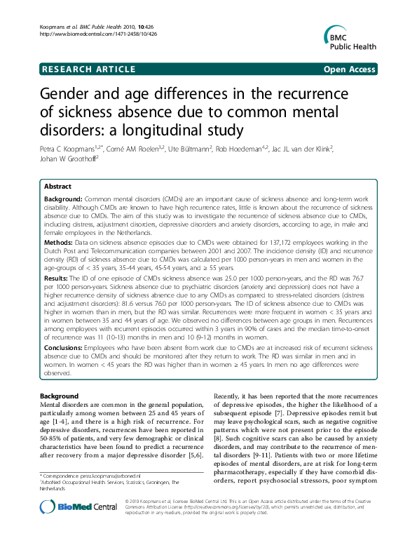 (PDF) Gender and age differences in the recurrence of sickness absence ...