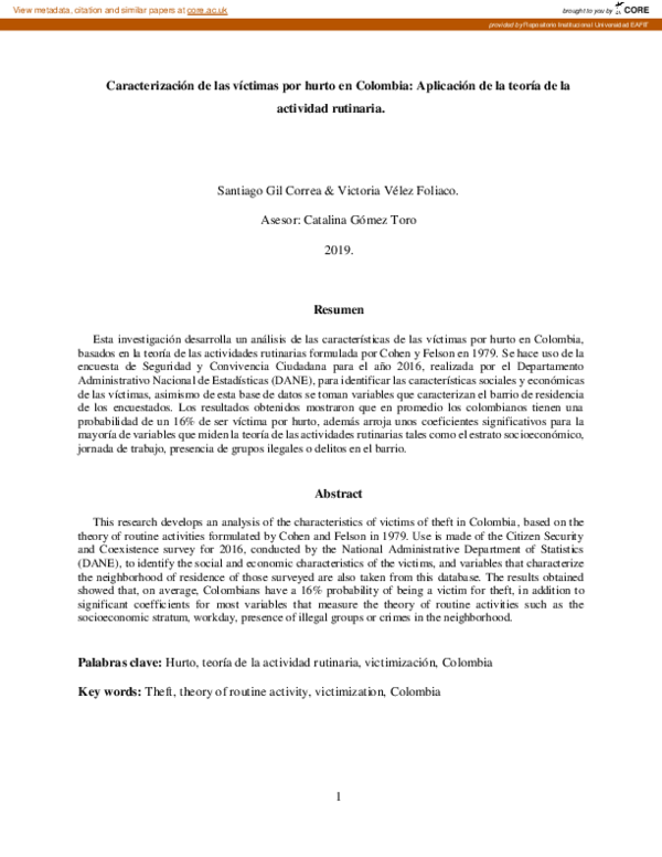 (PDF) Caracterización de las víctimas por hurto en Colombia aplicación de la teoría de la