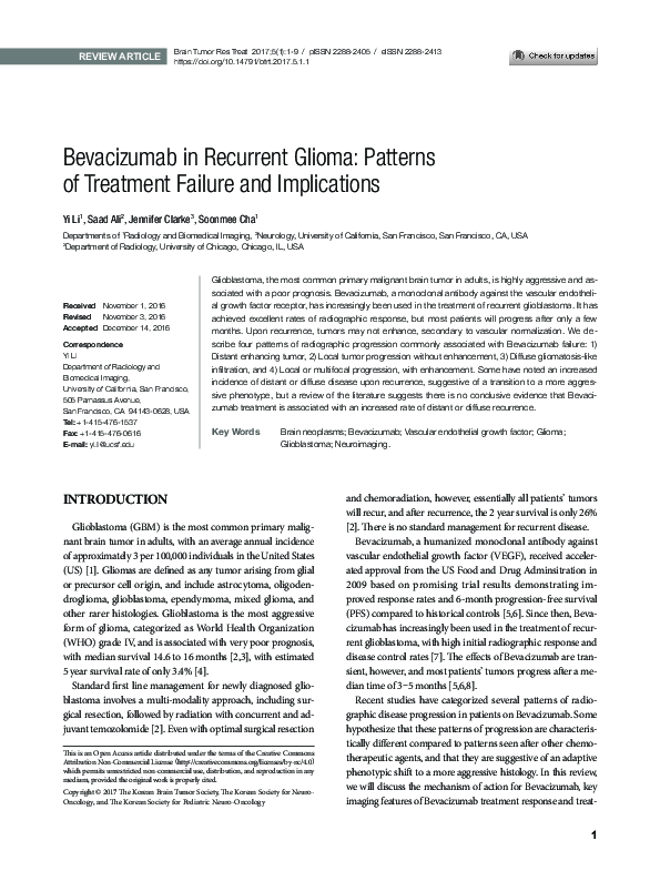 (PDF) Bevacizumab in Recurrent Glioma: Patterns of Treatment Failure ...