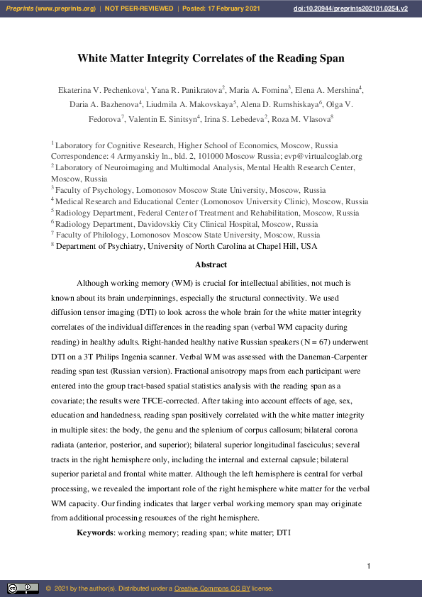 (PDF) White Matter Integrity Correlates of the Reading Span