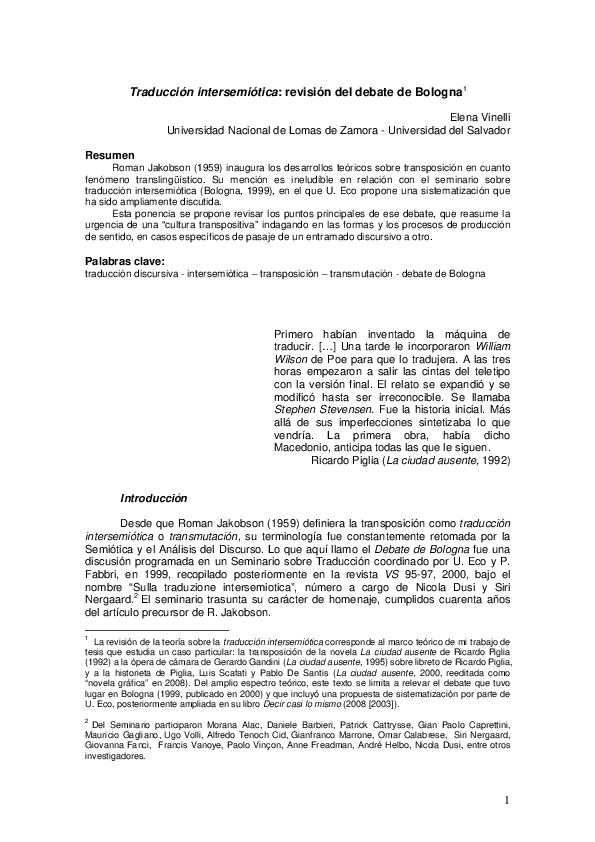 (PDF) Traducción intersemiótica revisión del debate de Bologna1 e