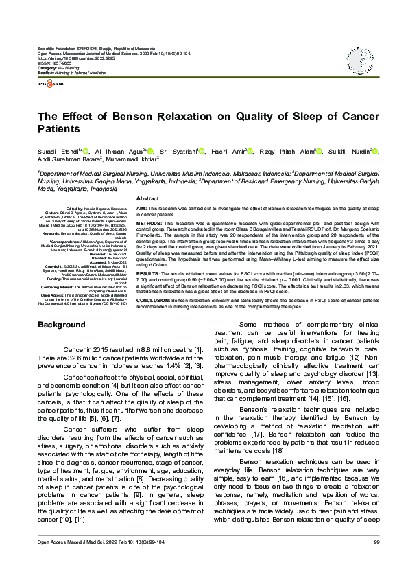 (PDF) The Effect of Benson Relaxation on Quality of Sleep of Cancer ...
