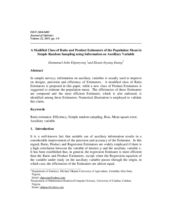 (PDF) A Modified Class of Ratio and Product Estimators of the ...