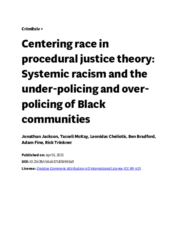(PDF) Centering race in procedural justice theory: Systemic racism and ...