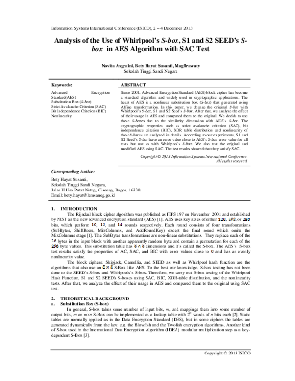 (PDF) Analysis of the Use of Whirlpool’s S-box, S1 and S2 SEED’s S-box ...