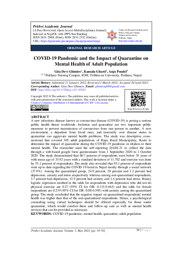 (PDF) COVID-19 Pandemic and the Impact of Quarantine on Mental Health ...