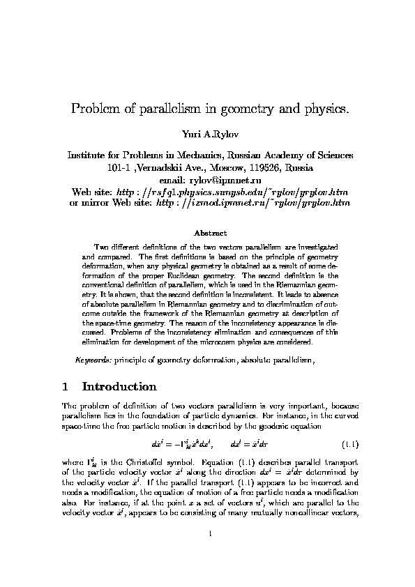 Problem of parallelism in geometry and physics