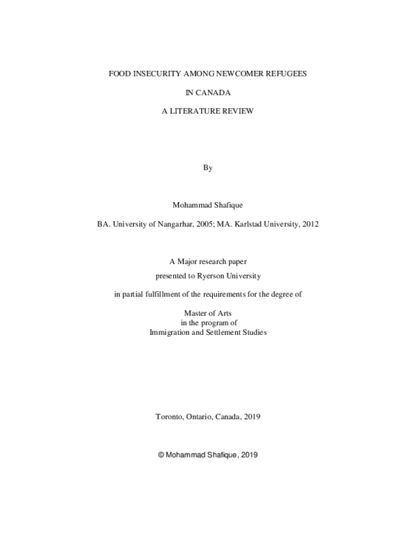 (PDF) Food insecurity among newcomer refugees in Canada
