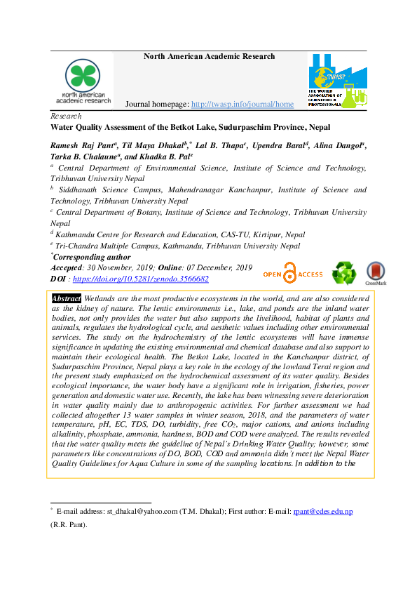 (PDF) Water Quality Assessment of the Betkot Lake, Sudurpaschim