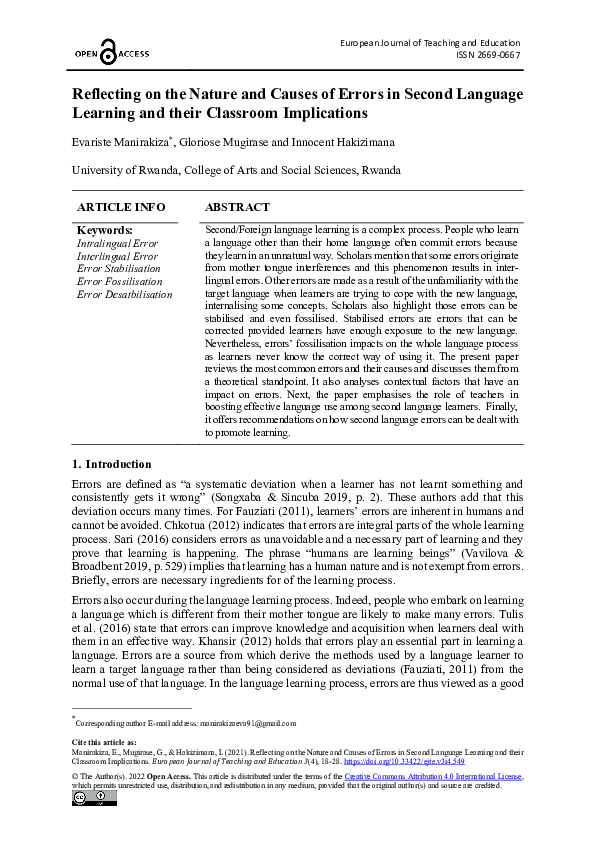 (PDF) Reflecting on the Nature and Causes of Errors in Second Language ...