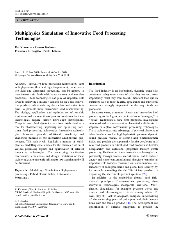 (PDF) Multiphysics Simulation of Innovative Food Processing Technologies