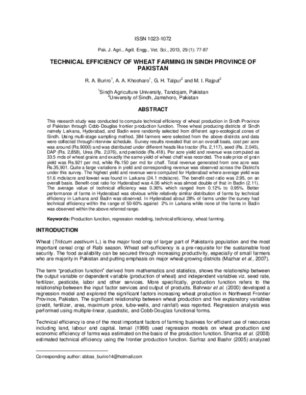 (PDF) Technical Efficiency of Wheat Farming in Sindh Province of Pakistan