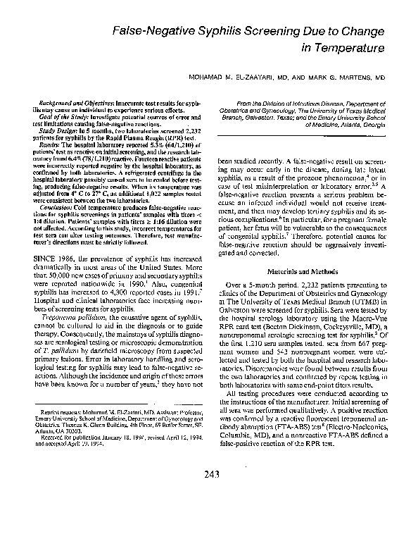  PDF False Negative Syphilis Screening Due To Change In Temperature 