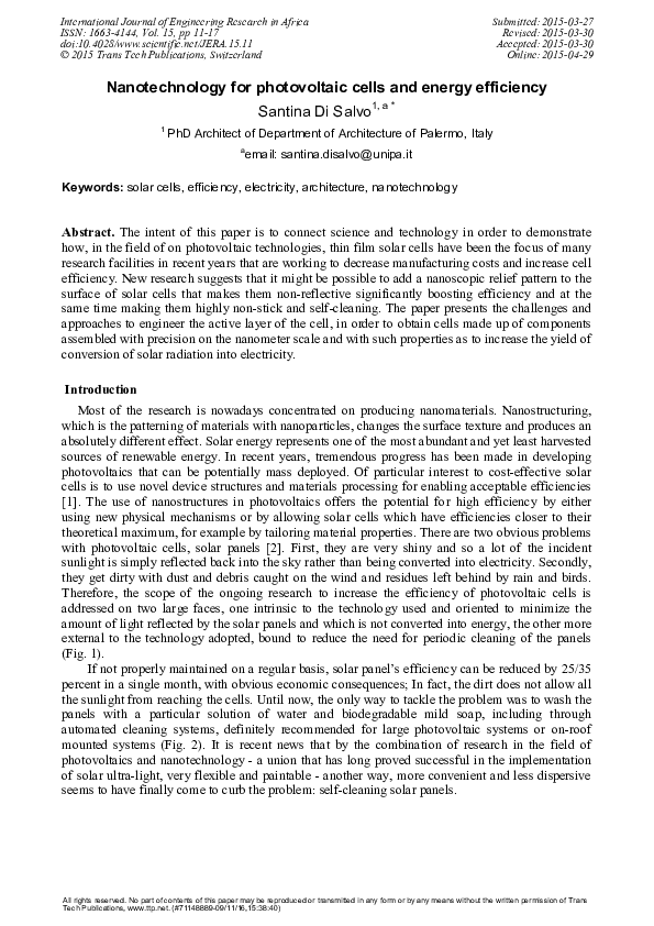 (PDF) Nanotechnology for Photovoltaic Cells and Energy Efficiency