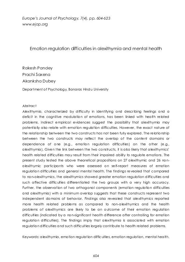 (PDF) Emotion regulation difficulties in alexithymia and mental health