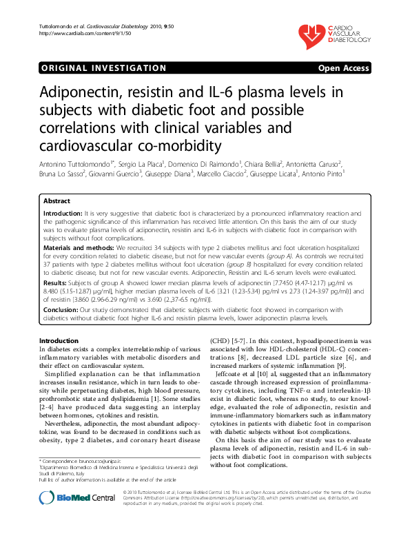 (PDF) Adiponectin, resistin and IL-6 plasma levels in subjects with ...