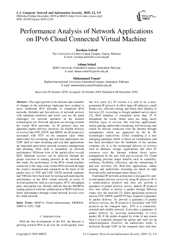 (PDF) Performance Analysis of Network Applications on IPv6 Cloud ...