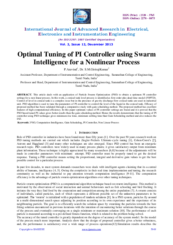 (PDF) Optimal Tuning of PI Controller using Swarm Intelligence for a ...