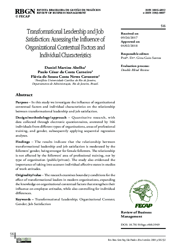 (PDF) Transformational Leadership and Job Satisfaction