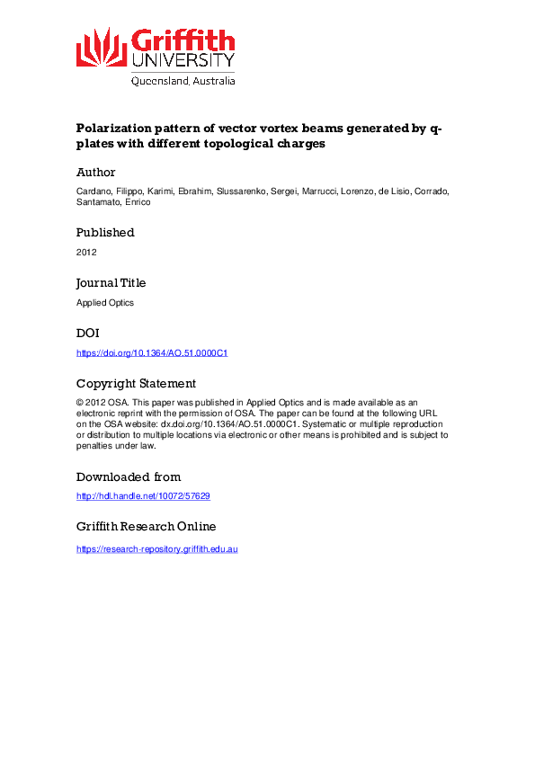 (PDF) Polarization pattern of vector vortex beams generated by q-plates ...