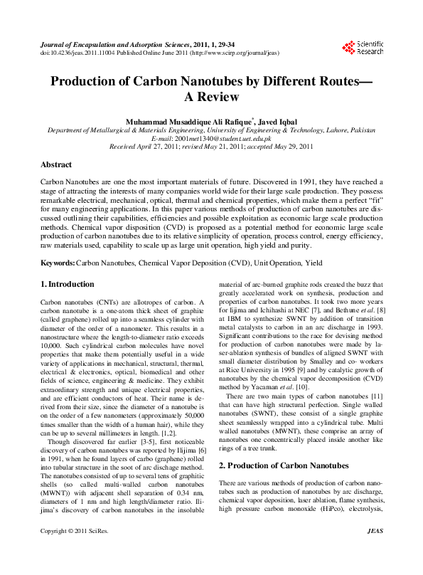 (PDF) Production of Carbon Nanotubes by Different Routes-A Review