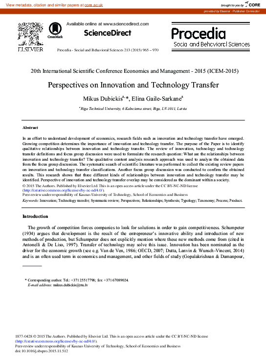 (PDF) Perspectives on Innovation and Technology Transfer